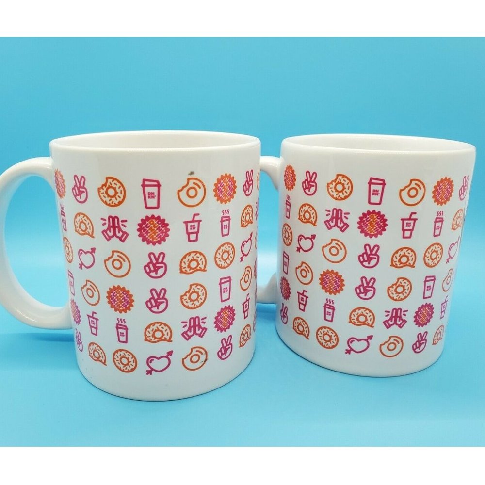 2 Dunkin Donuts Holiday Coffee Mug Peace Love White Orange Pink Hearts Emoji